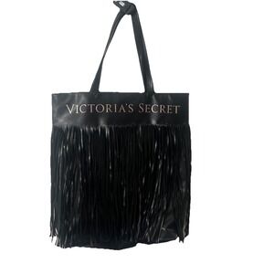 VICTORIA'S SECRET Black Fringe Tote Shoulder Bag Gold Logo 15x17 FREE SHIPPING